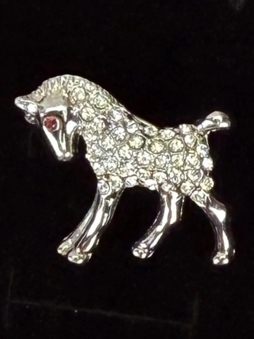 Vintage Silver Tone Lamb Sheep Brooch Clear Stones Red Eye Figural Pin